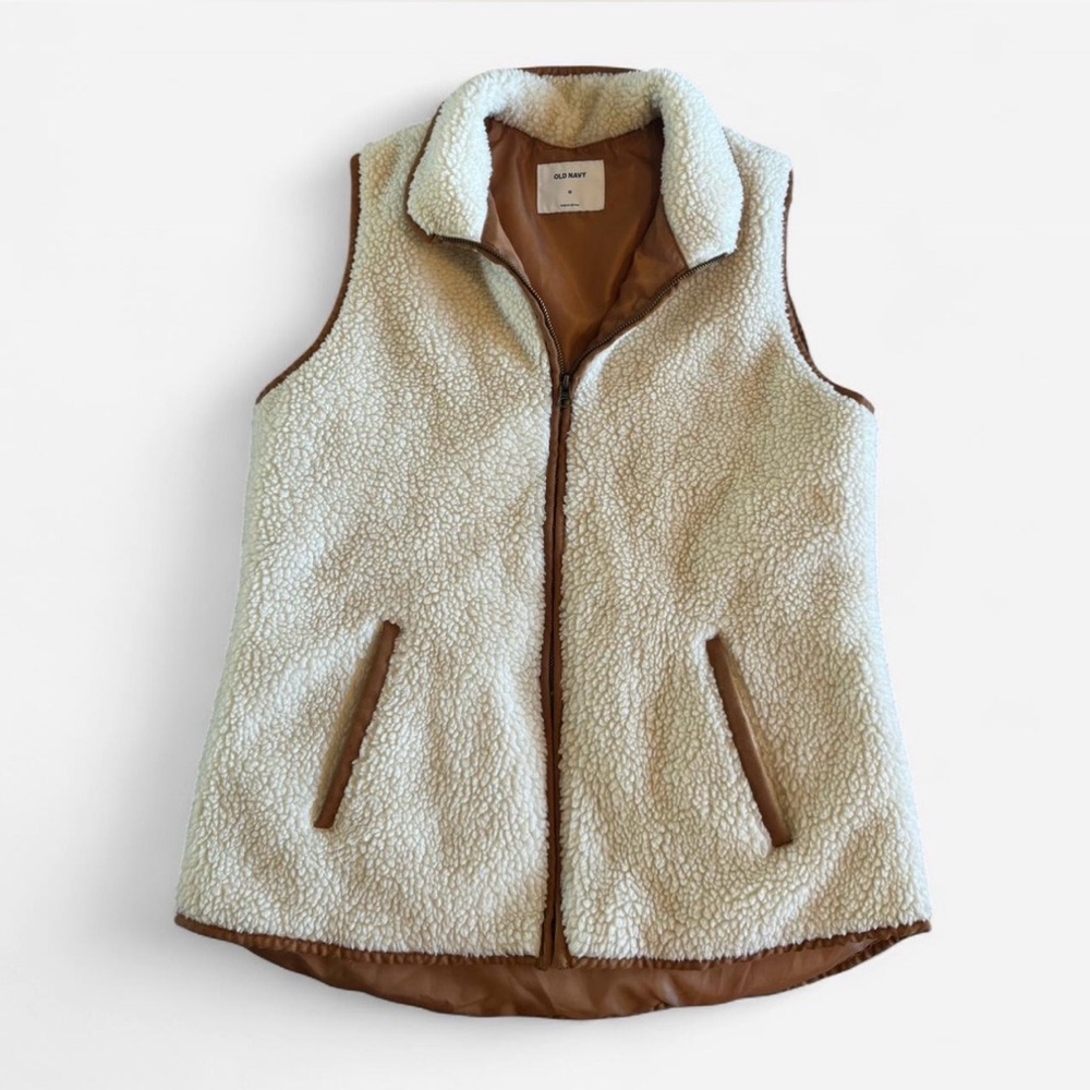 Old Navy Cream Sherpa Vest with Brown Trim